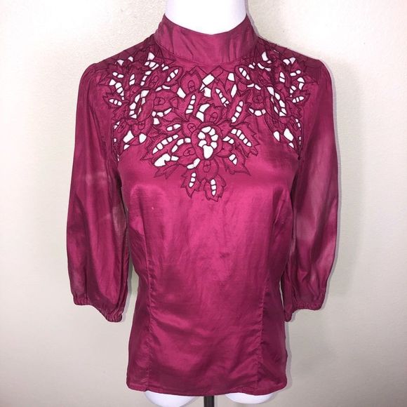 🛍 4/$20 ASOS Fuchsia Pink Embroidered Eyelet Mock-neck Top - Picture 2 of 8